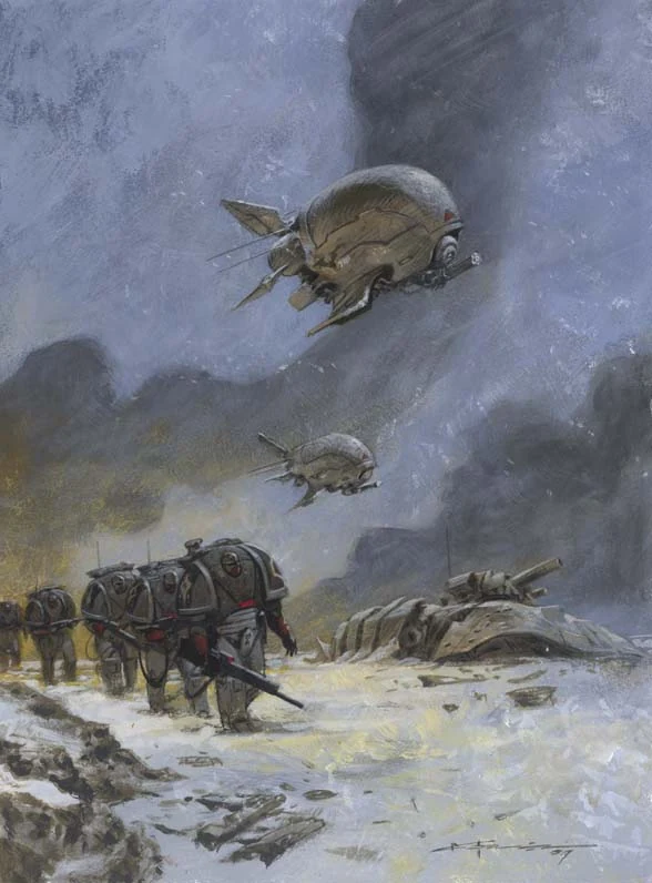 Iron Empires painting — armored soldiers march beneath dropships in a snowstorm