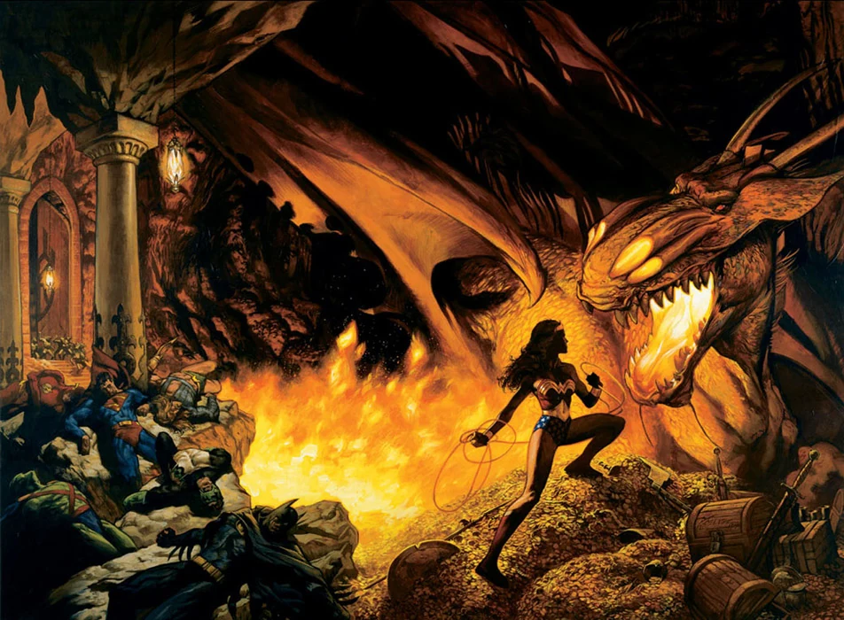 Wraparound cover of JLA: A League of One — Wonder Woman faces a dragon over its hoard