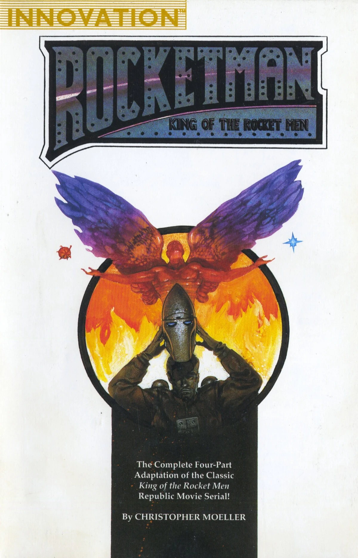 Cover of Rocketman: King of the Rocket Men — a winged figure above a helmeted rocket pilot ringed in flame