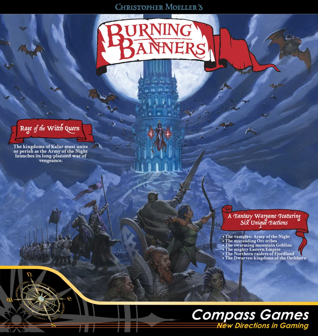 Burning Banners: Rage of the Witch Queen box cover — the Witch Queen hovers before her tower as the kingdoms of Kalar rally