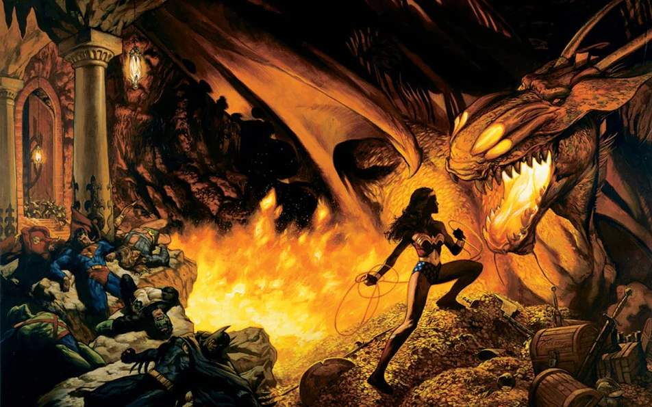 JLA: A League of One cover — Wonder Woman faces a dragon