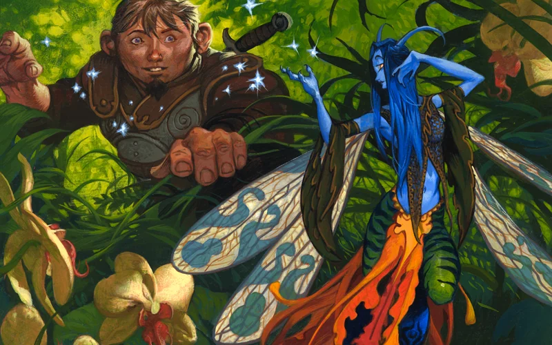 Detail of “Sower of Temptation” — a blue faerie in a sunlit forest